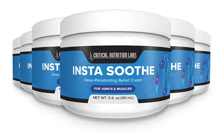 Several white jars of Insta Soothe deep-penetrating relief cream for joints and muscles with blue labels